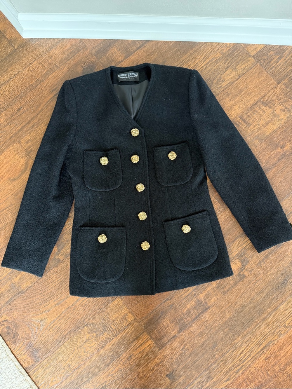Vintage Herbert Grossman tweed button down jacket black Gold Buttons size 4